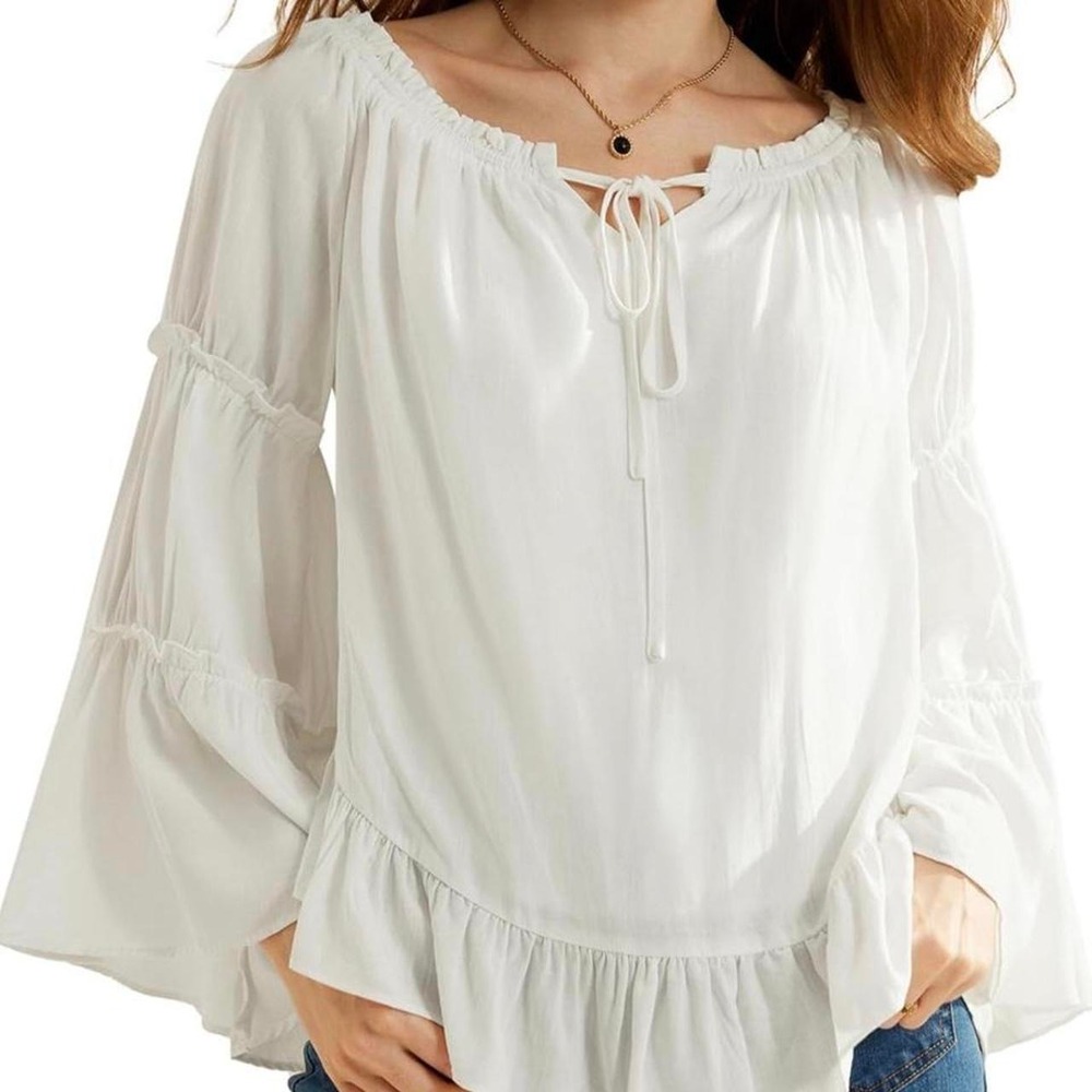 Scarlet Darkness Women White Bell Sleeve Ruffle Off Shoulder Peasant Blouse XL